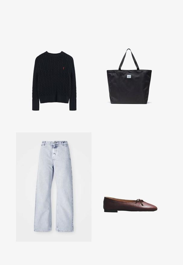 Donker marineblauwe kabelgebreide trui met lange mouwen, voorzien van ribgebreide boorden en zoom, met een klein rood geborduurd logo op de linkerkant van de borst.; Lichtblauwe denim wijde jeans met een hoge taille, knoopsluiting en vijf-pocket ontwerp. Zachte textuur en zichtbare stikdetails.; Bordeauxrode ballerina van leer met een afgeronde neus, lage hak en een klein strikje bovenop met metalen veteruiteinden.; Zwarte tote bag gemaakt van duurzaam materiaal, met twee stevige handvatten en een klein geweven merklogo op de voorkant. Eenvoudige rechthoekige vorm.