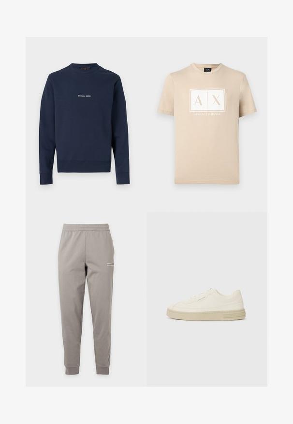 Sweat-shirt bleu marine à col rond avec manches longues et "MICHAEL KORS" imprimé en blanc au centre de la poitrine.; T-shirt beige à manches courtes et col rond avec le logo "A|X" d'Armani Exchange en blanc centré sur la poitrine.; Pantalon de jogging slim gris clair avec taille et poignets élastiques, avec un petit logo rectangulaire sur la cuisse droite.; Baskets en toile blanches avec une semelle en caoutchouc texturée, présentant un capuchon de chaussure cousu et un accent de logo sur le talon. Design simple à lacets.