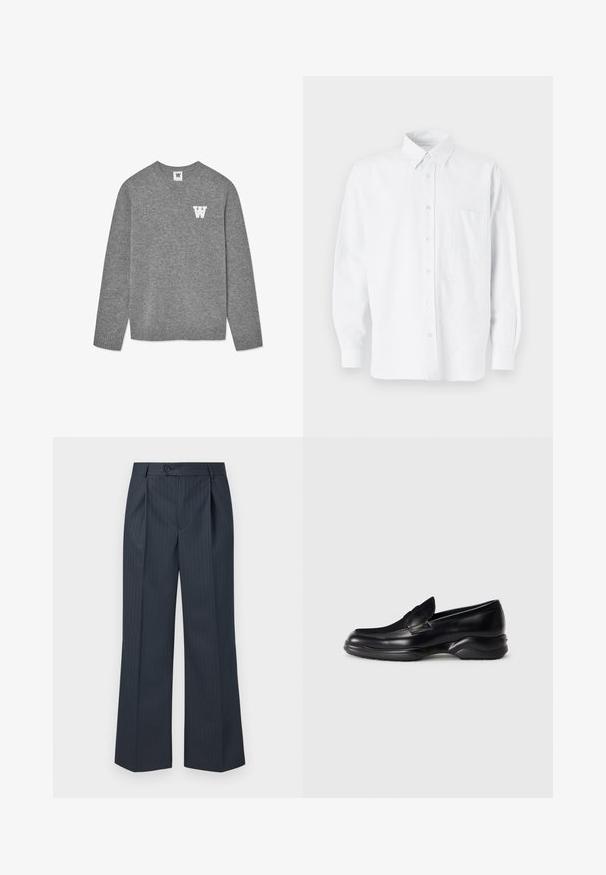 Grå strikket sweater med en rund halsudskæring og ribbede manchetter. Et hvidt bogstav "W" er broderet på venstre bryst. Blød tekstur.; Hvid skjorte med knapper og krave, prydet med diskrete lodrette striber, lange ærmer, en brystlomme og klassisk rundet kant.; Marine-stribede bukser med vide ben, frontfolder, enkelt knaplukning og glat stof. Har vertikale grønne stregdetaljer.; Sorte læder loafers med en lav, tekstureret gummisål og et syet design på overdelen. Har en rund tå og minimale udsmykninger.