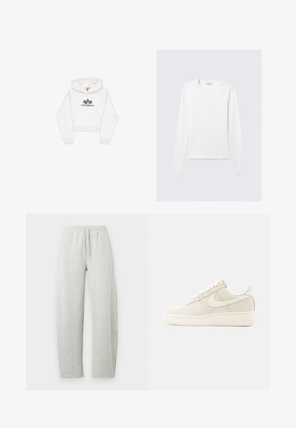 Lichtgrijze cropped hoodie van zachte stof, met een voorvak en een zwart "Alpha Industries" logo met gestileerde accenten op de borst.; Effen wit shirt met lange mouwen en ronde hals, slim fit, afgebeeld tegen een lichtgrijze achtergrond.; Lichtgrijze joggingbroek met een elastische tailleband en trekkoord. De stof heeft een zachte textuur en rechtvallende, losse pijpen.; Beige Nike Air Force 1 sneaker met lage schoenhoogte, vetersluiting en rubberen zool, gezien vanaf de buitenzijde op een witte achtergrond.