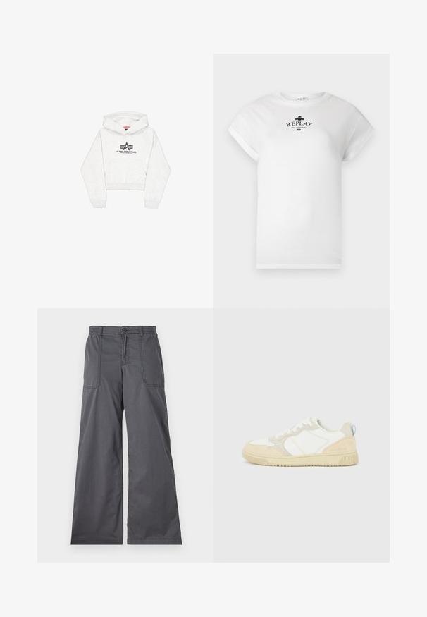 Lys grå cropped hoodie lavet af blødt stof, med en frontlomme og et sort "Alpha Industries" logo med stiliserede detaljer på brystet.; Hvid bomulds-t-shirt med rund halsudskæring og opkrogede korte ærmer. Har et trykt sort logo, der siger "REPLAY NOT ORDINARY."; Grå vidde bukser med en glat tekstur, der har forlommer, knaplukning og syede detaljer langs sømmene.; Hvid og beige sneaker med en overdel i ruskind og tekstil, med kontrastsyninger, en gummisål og en lyseblå detalje på hælen.