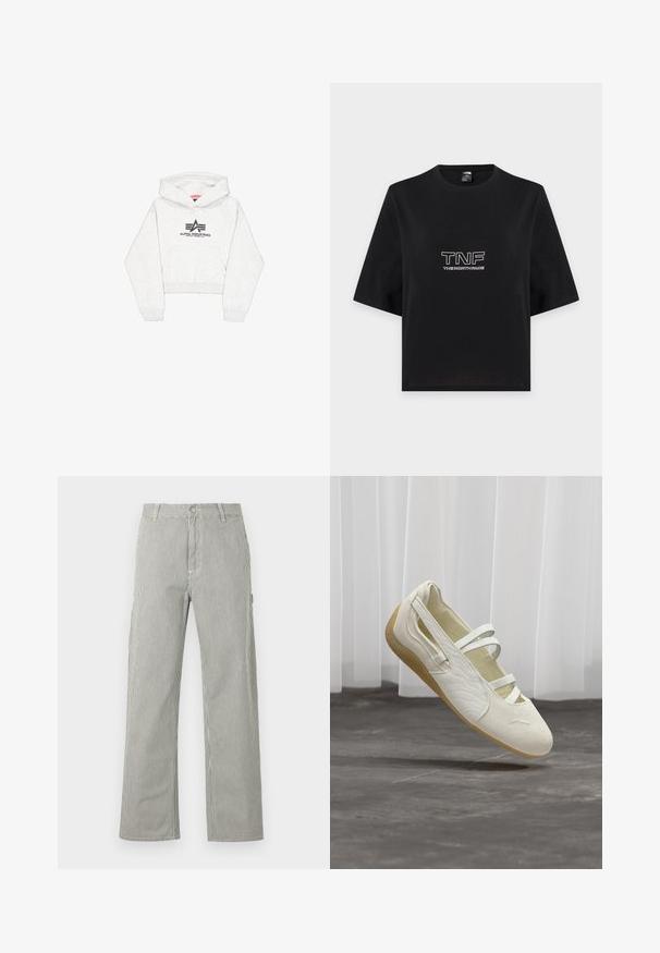 Hellgraue, kurze Kapuzenjacke aus weichem Stoff, ausgestattet mit einer Fronttasche und einem schwarzen "Alpha Industries"-Logo mit stilisierten Akzenten auf der Brust.; Schwarzes, kurz geschnittenes T-Shirt mit kurzen Ärmeln und weißem "TNF THE NORTH FACE" Logo-Text in der Mitte vorne.; Herrenhose mit geradem Bein, dünnen schwarzen und weißen vertikalen Streifen, Knopfverschluss, Gürtelschlaufen und Seitentaschen.; Elfenbeinfarbener Mary-Jane-Schuh mit drei Riemen, strukturierten Seiten und hellbrauter flexibler Sohle, schwebend über grauem Boden.