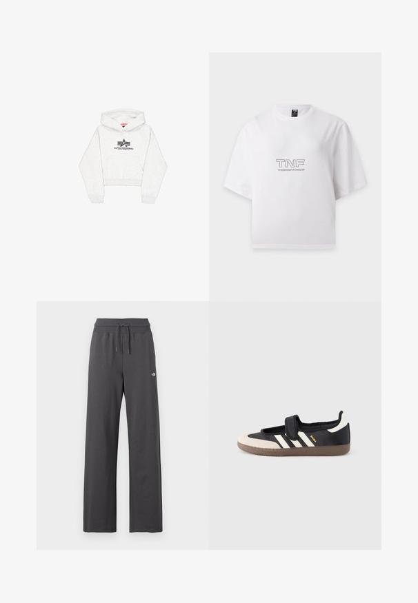Heled hall hallatud kapuutsiga särk pehmest kangast, millel on ees tasku ja must "Alpha Industries" logo stiliseeritud aktsentidega rinnal.; Valge lühikeste varrukatega T-särk, millel on rinnal musta värviga trükitud "TNF" ja "THE NORTH FACE", esitatud lamedalt valgel taustal.; Tumedat hallid laiade säärega dressipüksid soonikkoelise elastse vöökoha ja paelaga, millel on paremal reiel väike valge logo.; Must ja beež vabaajajalats klõpsrihmaga, küljele on kolm valget triipu ning pruun tekstuuriga kummist tald. Brändi logo on nähtav.