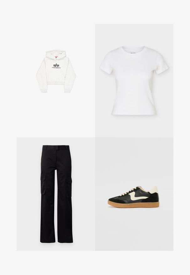 Lys grå cropped hoodie lavet af blødt stof, med en frontlomme og et sort "Alpha Industries" logo med stiliserede detaljer på brystet.; Hvid kortærmet tætsiddende T-shirt med rund hals, vist fladt med let synlige sidesømme.; Sorte cargo bukser lavet af slidstærkt stof, med to sidelommer og et lige ben-design. Glat tekstur med en klassisk pasform.; Sorte ruskinds- og lædersneakers med en cremefarvet side-swoosh og lys cremefarvet hæl. Har beige snørebånd og en gummirubber-sål.