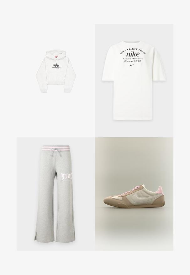 Lichtgrijze cropped hoodie van zachte stof, met een voorvak en een zwart "Alpha Industries" logo met gestileerde accenten op de borst.; Wit Nike T-shirt met zwarte tekst "ATHLETICS nike Department Since 1972" en een klein Nike swoosh-logo onder de tekst.; Lichtgrijze sweatpants met wijde pijpen, roze gestreepte tailleband, trekkoord, zijsplitsen en wit Nike-logo op de linker dij.; Low-profile beige-witte sneaker met roze veters en hielaccent, met Nike swoosh aan de zijkant tegen een effen achtergrond.