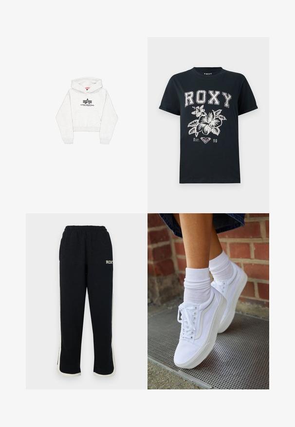 Lys grå cropped hoodie lavet af blødt stof, med en frontlomme og et sort "Alpha Industries" logo med stiliserede detaljer på brystet.; Sort bomulds T-shirt med teksten "ROXY" i hvid, med et blomsterdesign og et hjerte symbol. Korte ærmer og en afslappet pasform.; Sorte sweatpants med elastisk talje, hvide sidelister og et lille logo på forsiden. Fremstillet af et blødt, tekstureret stof.; Hvide lærreds sneakers med gummisåler, der har seks snørehuller, rund tå og let sømdetaljer, krydret med hvide ankelstrømper.