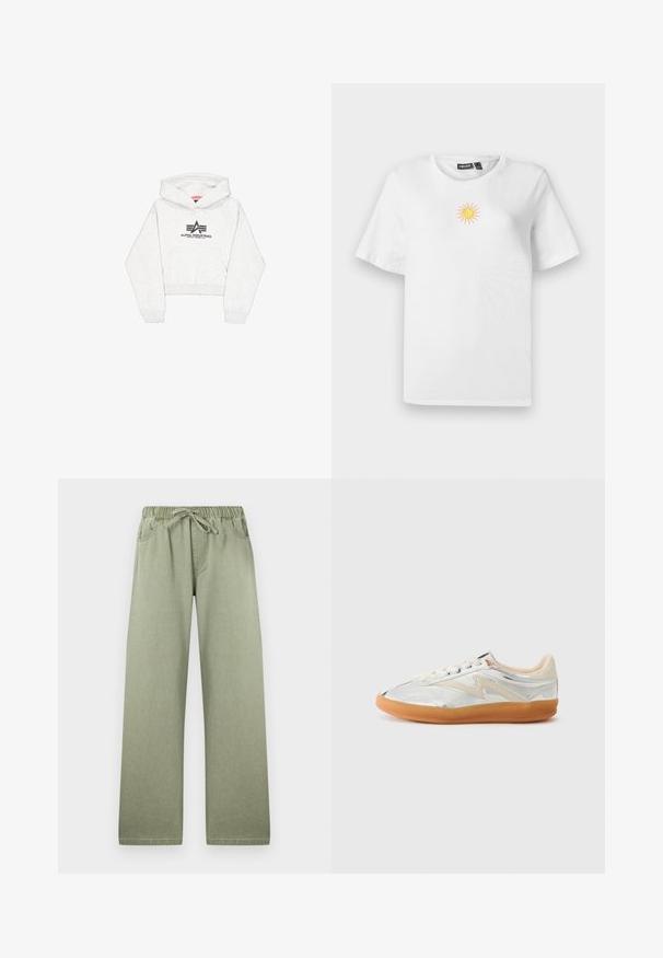 Lichtgrijze cropped hoodie van zachte stof, met een voorvak en een zwart "Alpha Industries" logo met gestileerde accenten op de borst.; Witte katoenen t-shirt met korte mouwen, voorzien van een klein, geborduurd geel en roze zonnetje op de borst.; Lichtgroene wijde broek met elastische tailleband en trekkoord, zakken aan de voorkant en subtiele stiksel details.; Metalen zilveren sneaker met beige accenten, ronde neus en een tan rubberen zool. Heeft een gladde textuur en een minimalistisch ontwerp.