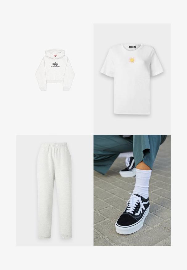 Lichtgrijze cropped hoodie van zachte stof, met een voorvak en een zwart "Alpha Industries" logo met gestileerde accenten op de borst.; Witte katoenen t-shirt met korte mouwen, voorzien van een klein, geborduurd geel en roze zonnetje op de borst.; Lichtgrijze sweatpants met een elastische tailleband, taps toelopende pijpen en ribgebreide manchetten. Gemaakt van een zachte, gestructureerde stof. Witte logodetail aan de zijkant.; Zwarte suède sneaker met witte accenten en veters, uitgerust met een dikke witte zool en contrasterende stiksels, gecombineerd met een witte sok.