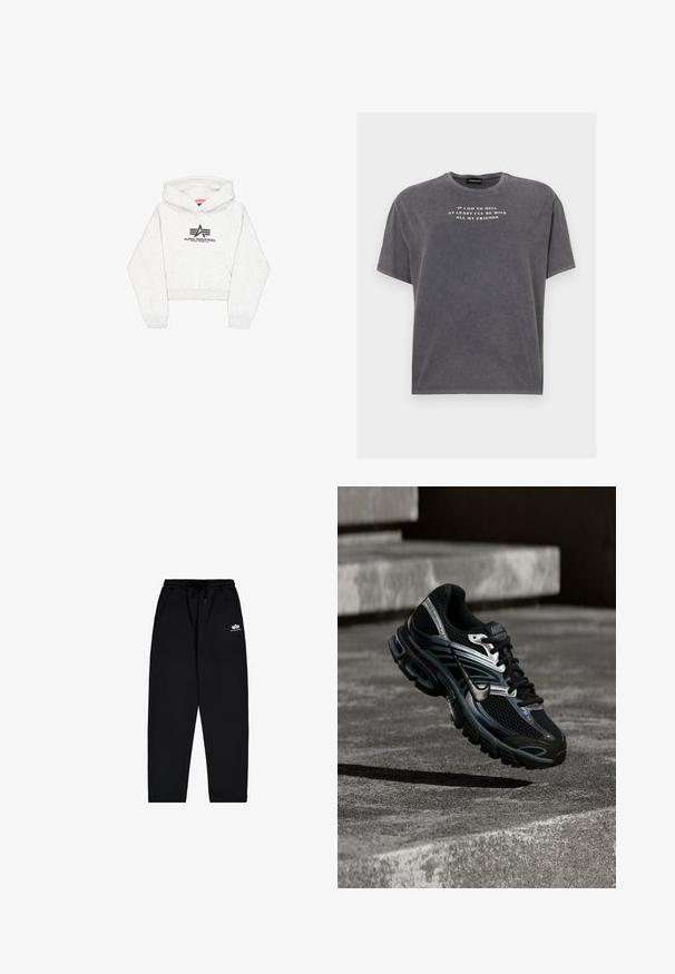 Lichtgrijze cropped hoodie van zachte stof, met een voorvak en een zwart "Alpha Industries" logo met gestileerde accenten op de borst.; Even&Odd TONIA TEE - T-shirt print - black; Zwarte joggingbroek van zachte stof met een elastische tailleband, trekkoord en zijzakken. Heeft een klein wit logo op de bovenbeen.; Zwart-zilveren Nike hardloopschoen zwevend boven betonnen trappen, met een gedetailleerd ontwerp en een getextureerde zool in een buitenomgeving.