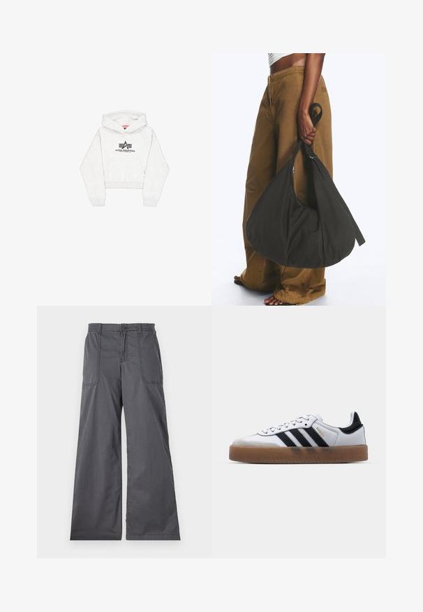 Lichtgrijze cropped hoodie van zachte stof, met een voorvak en een zwart "Alpha Industries" logo met gestileerde accenten op de borst.; Grijze wijde broek met een gladde textuur, voorzien van voorzakken, een knoopsluiting en gestikte details langs de naden.; Witte leren sneakers met zwarte strepen, gumrubberen buitenzool, ronde neus, vetersluiting en een zachte grijze suède neuskap.; Persoon met bruine wijde broek en wit topje houdt een grote zwarte zachte handtas aan het hengsel bij hun zijde vast.