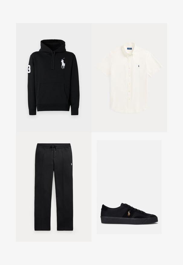 Zwarte hoodie van katoen, met een voorkantzak, trekkoordcapuchon en een witte polo spelerlogo met het nummer 3 op de mouw.; Wit overhemd met korte mouwen, knopen, kraag en klein marineblauw Polo Ralph Lauren-logo op de linkerborst.; Zwarte sweatpants met rechte pijpen, trekkoord in de taille en klein wit logo op de linkerdij, plat weergegeven op een lichte achtergrond.; Zwarte sneakers met een bovenwerk van stof en suède, ronde neus, platte rubberen zool en geborduurd logo aan de zijkant. Vetersluiting met zes veterogen.