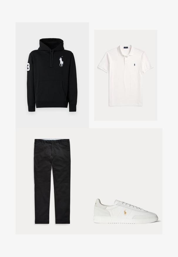 Čierna mikina z bavlny s predným vreckom, kapucňou so šnúrkou a bielym logom pólistu s číslom 3 na rukáve.; Biela krátky rukáv Polo Ralph Lauren košeľa s golierom, zapínaním na dva gombíky a malým tmavomodrým vyšívaným logom koňa na ľavej strane hrudníka.; Čierne úzke pánske nohavice s opaskovými očkami a prednými vreckami rozložené na svetlom pozadí.; Biela nízka teniska so šnurovaním, zlaté logo Polo Ralph Lauren na boku a textúrovaná podrážka na jednofarebnom pozadí.