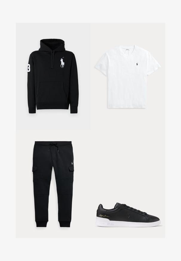Sort hoodie lavet af bomuld, med en frontlomme, snoretræk i hætten og et hvidt polo-spillerlogo med nummer 3 på ærmet.; Hvid T-shirt med V-hals og korte ærmer med lille navyblåt Polo Ralph Lauren hestelogo på venstre bryst.; Sorte cargo joggebukser med snøre i taljen, sidelommer med klap, ribkantsmanchetter og lille hvid polo spiller logo på højre lår.; Sort lavtop lædersneaker med sorte snørebånd, hvid sål præget med Polo og gyldent Ralph Lauren-signatur på hælen.