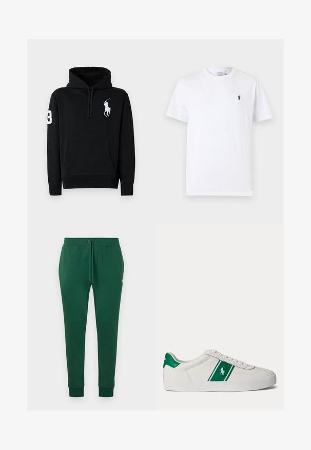 Zwarte hoodie van katoen, met een voorkantzak, trekkoordcapuchon en een witte polo spelerlogo met het nummer 3 op de mouw.; Wit T-shirt met korte mouwen en ronde hals met klein donkerblauw polo spelerslogo op de linkerborst.; Donkergroene joggingbroek met trekkoord in de taille, zijzakken, omgeslagen enkels en klein wit geborduurd logo op de rechterheup.; Witte lage sneaker met groene streep en Polo-logo aan de zijkant, groene hieltab en witte veters, vanaf de linkerkant getoond op een effen achtergrond.