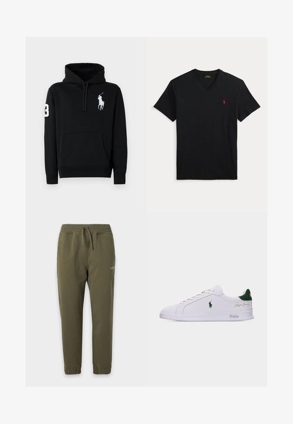 Sort hoodie lavet af bomuld, med en frontlomme, snoretræk i hætten og et hvidt polo-spillerlogo med nummer 3 på ærmet.; Sort V-hals T-shirt med korte ærmer og et lille rødt Polo Ralph Lauren-logo på venstre bryst.; Joggingbukser i olivengrøn med elastik i taljen og ved anklerne, snøre og lille hvidt logo på øvre lår.; Hvid lavtopsneaker med grøn hælkappe, broderet Polo hestelogo på siden, "Polo" tekst på sålen og guld "Ralph Lauren" signatur på overdelen.