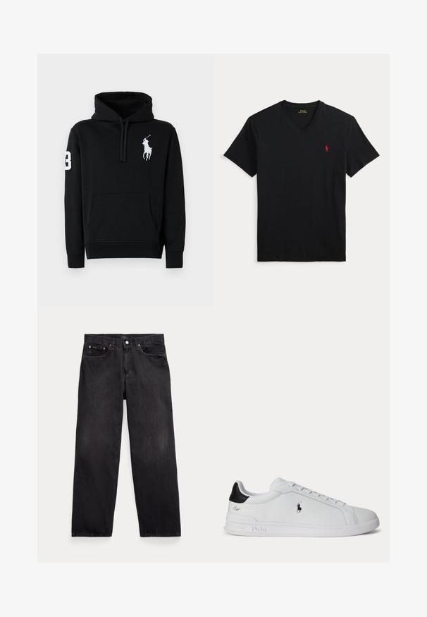 Sort hoodie lavet af bomuld, med en frontlomme, snoretræk i hætten og et hvidt polo-spillerlogo med nummer 3 på ærmet.; Sort V-hals T-shirt med korte ærmer og et lille rødt Polo Ralph Lauren-logo på venstre bryst.; Sorte denim jeans med lige ben, fem lommer, knaplukning og synlige metalnitter på forlommerne.; Hvid lavtop sneaker med sort hælfane, snørebånd og Polo Ralph Lauren-logo på siden, med præget såldetaljer.