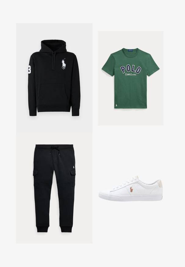 Sudadera negra de algodón, con un bolsillo frontal, capucha con cordón y un logo de jugador de polo en blanco con el número 3 en la manga.; Camiseta de algodón verde con cuello redondo, con "POLO" bordado en azul marino y la firma "Ralph Lauren" debajo. Pequeño logotipo en el dobladillo.; Pantalones jogger cargo negros con cintura ajustable con cordón, bolsillos laterales con solapa, puños acanalados y pequeño logo blanco de jugador de polo en el muslo derecho.; Zapatilla de lona blanca con diseño de corte bajo, que cuenta con un taco trasero beige y un pequeño logo bordado en el costado. Suela de goma.