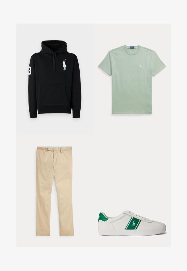 Schwarzer Kapuzenpullover aus Baumwolle, mit einer Fronttasche, Kordelzugkapuze und einem weißen Polo-Spieler-Logo mit der Nummer 3 auf dem Ärmel.; Hellgrünes T-Shirt mit kurzen Ärmeln und Rundhalsausschnitt mit kleinem weißem Polo Ralph Lauren Logo auf der linken Brustseite, bestickt.; Beige gerade Hose mit Gürtelschlaufen und einem vorderen Reißverschluss, flach auf weißem Hintergrund gelegt.; Weißer Sneaker in Low-Top-Form mit grünem Streifen und Polo-Logo an der Seite, grünem Fersenlaschen und weißen Schnürsenkeln, von der linken Seite vor neutralem Hintergrund dargestellt.