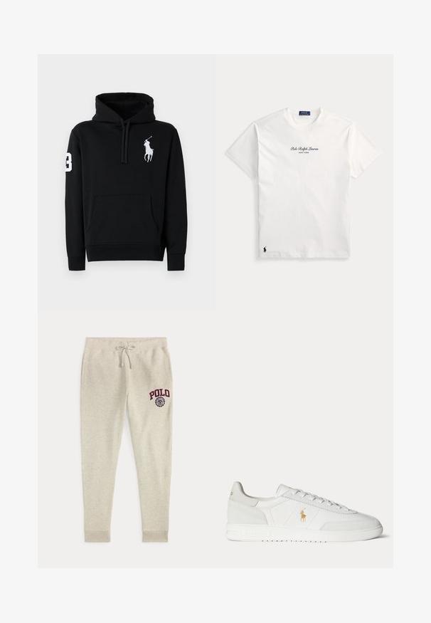 Must musta, mis on valmistatud puuvillast, esifann ei, nööriga kapuuts ja valge polo mängija logo numbriga 3 varrukal.; Valge lühikeste varrukatega Polo Ralph Lauren t-särk, kus rinnal on tekst "Polo Ralph Lauren New York" ja allääre lähedal väike must logo.; Beežid paelaga dressipüksid küljetaskutega ning punase "POLO" logoga ja embleemiga ülemisel vasakul reiel.; Valge madala säärega tennisking paeltega, kuldse Polo Ralph Laureni logoga küljel ja tekstureeritud tallaga ühevärvsel taustal.