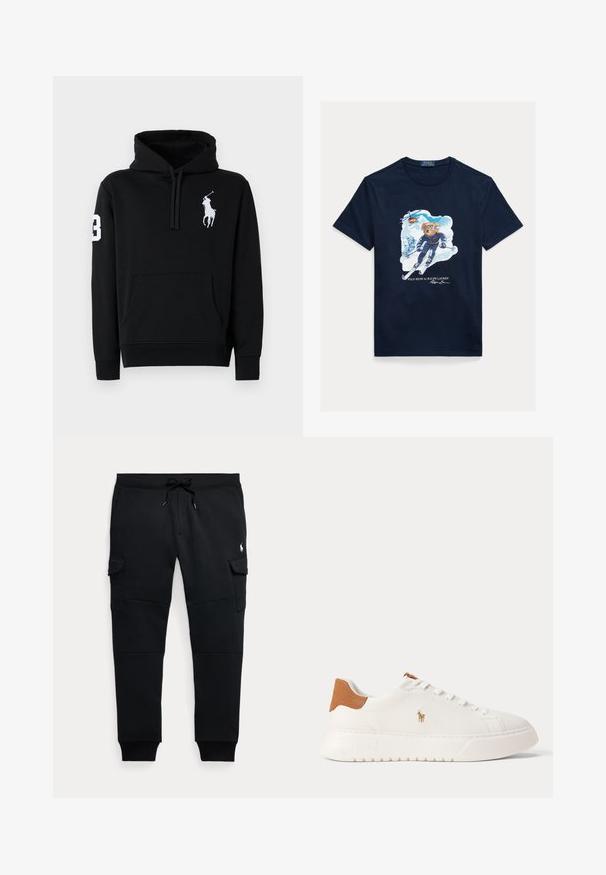 Sudadera negra de algodón, con un bolsillo frontal, capucha con cordón y un logo de jugador de polo en blanco con el número 3 en la manga.; Camiseta de algodón azul marino con un gráfico de un oso esquiando, con gafas de protección, un helicóptero arriba y montañas nevadas al fondo.; Pantalones jogger cargo negros con cintura ajustable con cordón, bolsillos laterales con solapa, puños acanalados y pequeño logo blanco de jugador de polo en el muslo derecho.; Zapatilla blanca de caña baja con lengüeta trasera en color marrón claro, cordones blancos y un pequeño logo bordado de jugador de polo en el lateral sobre una suela gruesa.