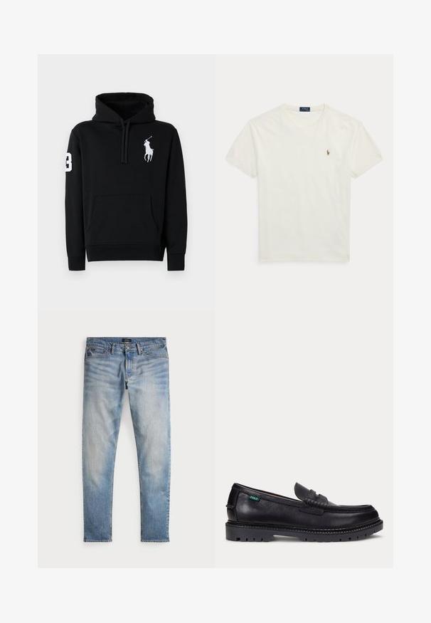 Schwarzer Kapuzenpullover aus Baumwolle, mit einer Fronttasche, Kordelzugkapuze und einem weißen Polo-Spieler-Logo mit der Nummer 3 auf dem Ärmel.; Weißes kurzärmeliges Baumwoll-T-Shirt mit Rundhalsausschnitt, kleinem besticktem Polo Ralph Lauren Logo auf der linken Brust.; Helle blaue Denim-Jeans mit einem ausgewaschenen Finish, Fünf-Taschen-Design und kontrastierenden Nähten. Mit Reißverschluss und Gürtelschlaufen. Gerade geschnitten.; Schwarzer Lederloafer mit dicker Profilsohle und kleinem grünen "Polo"-Etikett an der Außenseite nahe der Ferse.