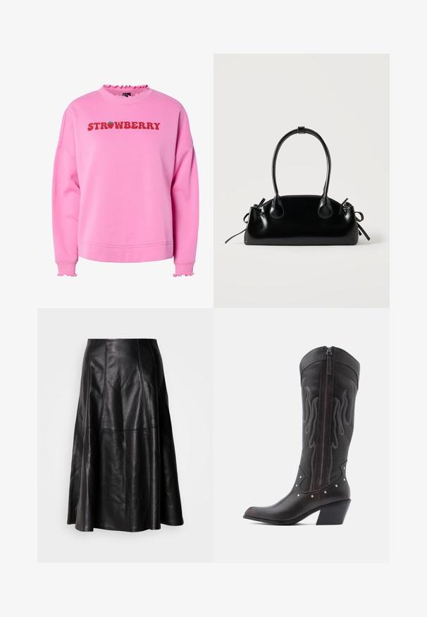 Sweatshirt rose avec un col et des poignets volants, présentant "FRAISE" en texte rouge en gras et un graphique de fraise verte au-dessus du texte.; Jupe en cuir noir avec une silhouette évasée, présentant des coutures visibles et une texture lisse. Conception mi-longue avec une coupe classique.; Bottes de cowboy en cuir marron avec surpiqûres en forme de flammes, fermeture éclair latérale, clous argentés, bout pointu et talon superposé.; Petit sac à main noir brillant avec deux longues anses et des détails à cordon sur les côtés sur un fond clair uni.