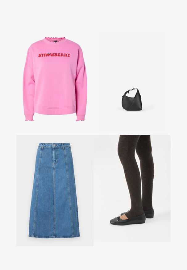 Sweatshirt rose avec un col et des poignets volants, présentant "FRAISE" en texte rouge en gras et un graphique de fraise verte au-dessus du texte.; Jupe midi en denim bleu clair avec une coupe droite, fermeture à boutons sur le devant, cinq passants de ceinture et deux poches latérales.; Jambes portant des leggings côtelés foncés associés à des ballerines noires avec de petits détails en nœud sur fond blanc.; Sac à bandoulière en cuir noir avec une forme triangulaire arrondie et une sangle réglable sur un fond clair uni.
