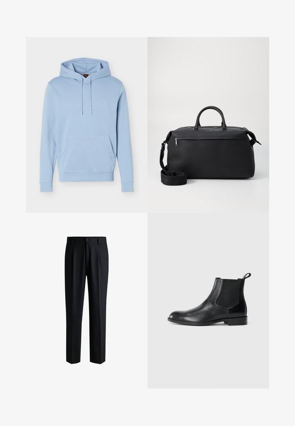 Sweat à capuche bleu clair avec poche kangourou à l'avant et capuche à cordon de serrage, arborant un logo subtilement embossé sur la poitrine.; Pantalons noirs en tissu lisse, avec une coupe droite, des plis à l'avant et une fermeture à bouton avec passants de ceinture.; Bottine en cuir noir avec des panneaux latéraux élastiques, bout rond et tirette. Texture lisse, semelle plate, design minimaliste.; Sac de voyage en cuir noir avec deux poignées supérieures, une bandoulière amovible et une poche avant zippée pour un espace de rangement supplémentaire.