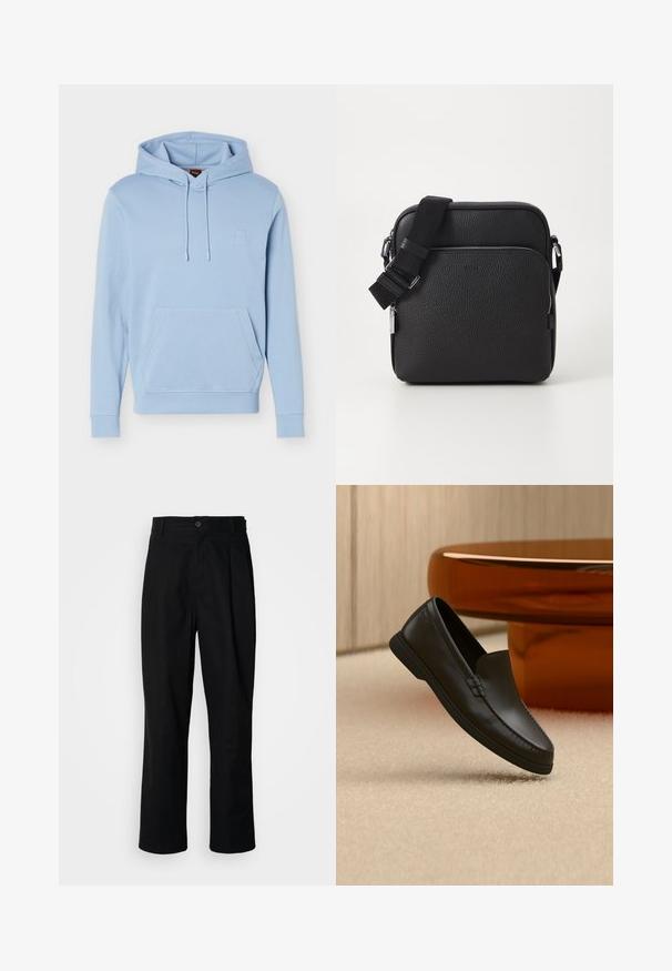 Sweat à capuche bleu clair avec poche kangourou à l'avant et capuche à cordon de serrage, arborant un logo subtilement embossé sur la poitrine.; Pantalons noirs à jambes droites avec une taille à bouton, passants de ceinture et pli avant, présentés sur un fond blanc uni.; Mocassin noir en cuir sans lacets exposé sur un tapis beige à côté d'une table en verre ambré de forme incurvée dans une pièce aux tons neutres.; Sac bandoulière en cuir noir avec une surface texturée, doté d'une poche zippée à l'avant, d'une bandoulière ajustable et d'accents en métal.