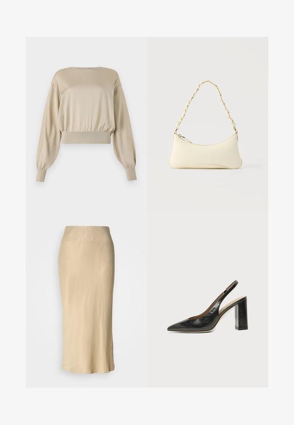 Beige cropped sweatshirt med lange, ballonærmer; glat tekstur; ribbet nederkant og cuffs; minimalistisk design, rund hals.; Beige satin midi nederdel med en glat, skinnende tekstur. Tæt talje med en udvidet nederste kant, der har et minimalistisk design uden synlige mønstre.; Sort læder peep-toe slingback sko med høj blokhæl og beige indvendig foring mod en ensfarvet lys baggrund.; Lille cremefarvet taske med en kurvet form og fletet guldfarvet kæde som håndtag, lynlås lukning på toppen