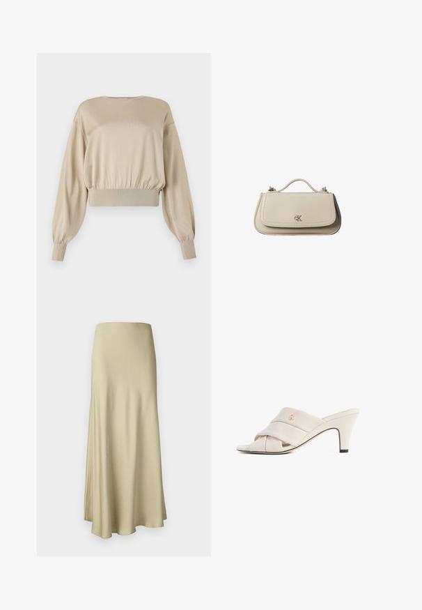 Beige cropped sweatshirt med lange, ballonærmer; glat tekstur; ribbet nederkant og cuffs; minimalistisk design, rund hals.; Lang, flydende beige nederdel lavet af blødt stof. Den har en glat overflade og et enkelt, minimalistisk design uden synligt hardware.; Beige højhælede mules med et snoet læderstropdesign, åben tå og præget logoaccent. Hælen har en sort spidsdetalje.; Lille beige læderhåndtaske med top håndtag og sølv CK-logo på frontklap, vist mod en hvid baggrund.