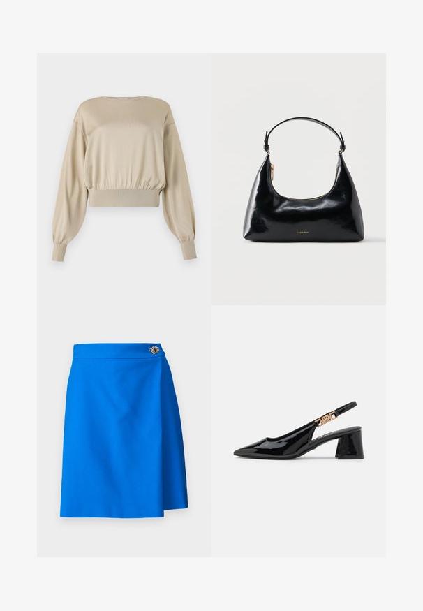 Beige cropped sweatshirt med lange, ballonærmer; glat tekstur; ribbet nederkant og cuffs; minimalistisk design, rund hals.; Blå omslagskjorte med en glat tekstur, prydet med en sølvknapaccent ved taljen, skåret i A-linjeform for et tætsiddende look.; Sorte patentlæder slingback pumps med spidse tæer og guldfarvet hardware på remmen, med en blokhælhøjder. Glat tekstur.; Sort blank Calvin Klein håndtaske med gyldent lynlås og kort rem mod en ensfarvet hvid baggrund.