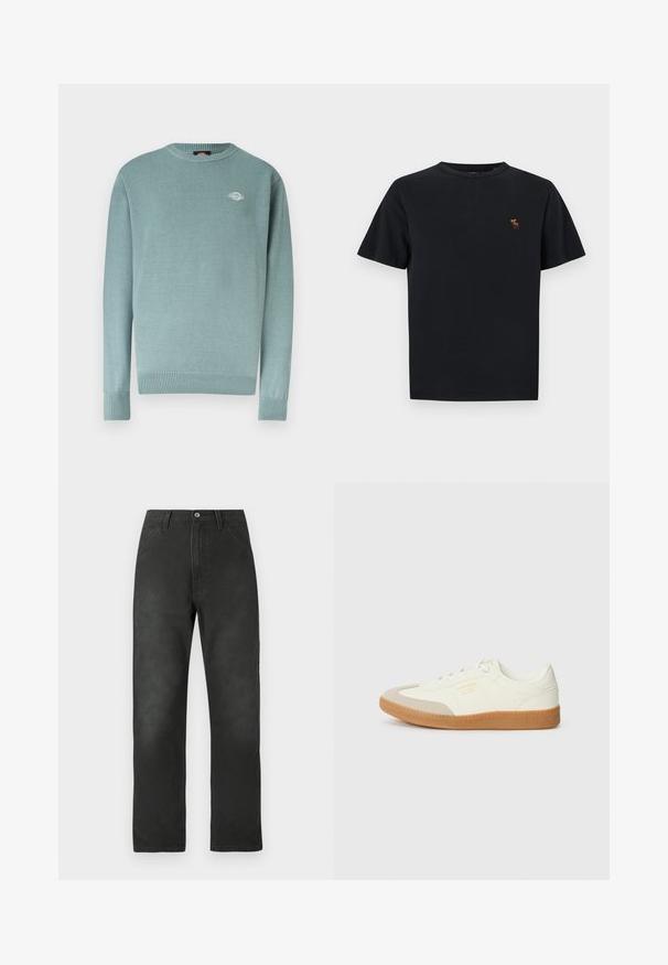 Pull à col rond bleu clair avec poignets et ourlet côtelés, arborant un petit logo blanc sur le côté gauche de la poitrine.; T-shirt noir à manches courtes et col rond avec un petit logo élan marron et jaune brodé sur la poitrine gauche.; Pantalon en toile de coton noire avec une coupe droite, poches avant et fermeture par bouton. Présente une texture subtile et des détails de couture.; Baskets en cuir blanc avec une coque beige et une semelle en caoutchouc marron clair. Dotées de lacets blancs plats et d'un logo embossé sur le côté.