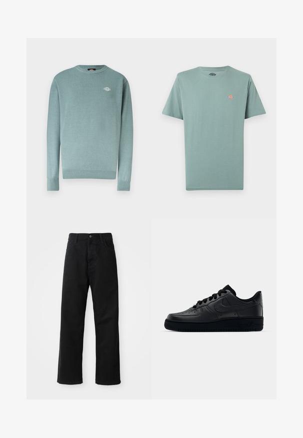 Pull à col rond bleu clair avec poignets et ourlet côtelés, arborant un petit logo blanc sur le côté gauche de la poitrine.; T-shirt à manches courtes unie vert clair atténué avec un petit logo multicolore Dickies sur la poitrine gauche.; Pantalons en denim noir à coupe droite, avec poches avant, fermeture éclair et un seul bouton supérieur. Tissu texturé avec une finition mate.; Baskets Nike Air Force 1 noires avec un dessus en cuir lisse, bout perforé pour la respirabilité, lacets noirs et semelle en caoutchouc texturé.