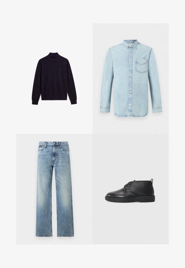 Sort langærmet rullekravesweater med ribstrikket krave, manchetter og nederkant, der viser et lille broderet logo på øvre venstre bryst.; Lyseblå denim-skjorte med lange ærmer, knaplukning foran, enkelt brystlomme med Calvin Klein-logo og spids krave.; Lyseblå denim jeans med lige ben, højt talje, fem lommer, knaplukning og diskrete falmede områder på lår og knæ.; Sorte læder ankelstøvler med glat tekstur, rund tå og sort gummisål. Har en snørelukning og en hælflap for nem påtagning.
