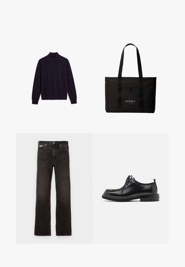 Sort langærmet rullekravesweater med ribstrikket krave, manchetter og nederkant, der viser et lille broderet logo på øvre venstre bryst.; Sorte denimjeans med lige ben, falmet finish, fem-lomme-stil og metalknaplukning. Har let slidte detaljer.; Calvin Klein LACE UP APRON BRUSH OFF - Snøresko - black; Sort Calvin Klein tote taske med to lange håndtag og lomme foran, med mærkets logo i hvid og grå.