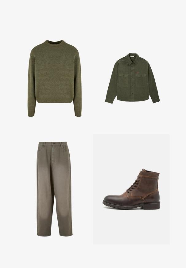 Grøn uldblandings sweater med rund hals, ribbede manchetter og kant, samt en blød, struktureret finish. Klassisk, afslappet pasform med sænkede skuldre.; Olivengrøn kordfløjl skjorte med knapper, lange ærmer, to frontlommer med klap og lille rødt broderet logo på venstre brystlomme.; Lys grønne, vide bukser lavet af blødt stof. Har en knaplukning, forlommer og en glat overflate.; Jack & Jones JFWDELANEY BOOT - Snørestøvletter - cognac