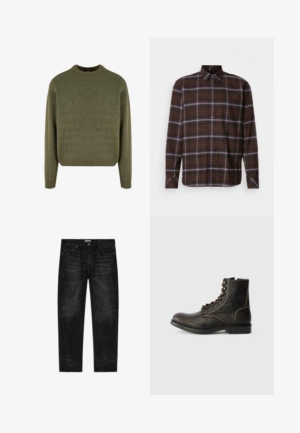 Suéter de mezcla de lana verde con cuello redondo, puños y dobladillo acanalados, y un acabado suave y texturizado. Ajuste clásico y relajado con hombros caídos.; Camisa de cuadros marrón de manga larga con botones, rayas blancas y negras, cuello puntiagudo y puños botones sobre un fondo neutral.; Vaqueros de mezclilla negra con corte recto, ligero desvanecimiento y detalles desgastados. Diseño clásico de cinco bolsillos con cierre de botón.; Botín de cuero marrón hasta el tobillo con punta redonda, diseño de siete ojetes, costuras blancas y superficie texturizada. Suela de goma resistente, estilo clásico.