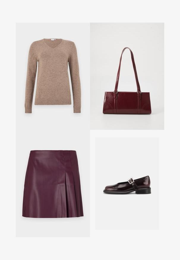 V-hals sweater i lys brun, lavet af blødt stof. Har lange ærmer samt ribbet nederste kant og manchetter for ekstra tekstur. Simpelt design.; ONLY ONLARTZY Short - Mini skirts - mauve wine; En enkelt blank mørk burgunder Mary Jane sko med bred rem og sølvspænde, lav blokhæle og rundet tå på hvid baggrund.; Bordeaux håndtaske lavet af glansfuldt materiale, rektangulær form, med to skulderremme og subtile buede detaljer på forsiden.