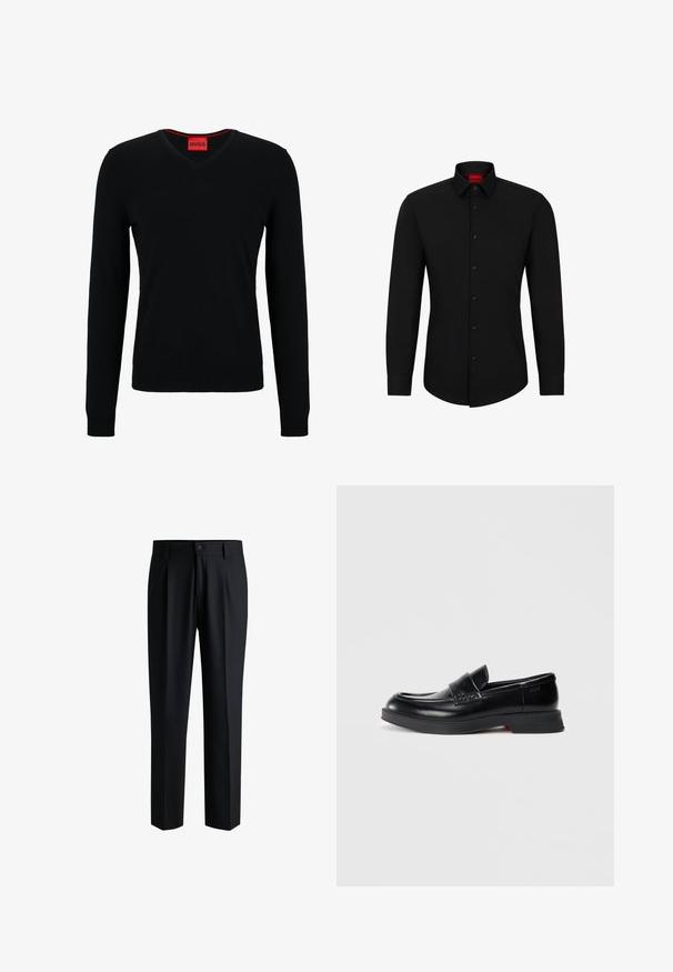 HUGO SAN VREDO - Striktrøje - black; Sort langærmet skjorte med knaplukning foran, klassisk krave og rundet kant; har sorte knapper og et rødt logo indeni kraven.; Sorte bukser lavet af glat stof, med lige ben-design, plisseringer foran og knaplukning med bæltestropper.; Sorte læder loafers med en glat finish, der har en hævet frontpanel og en kontrasterende rød detalje på sålen. Flad gummisål.