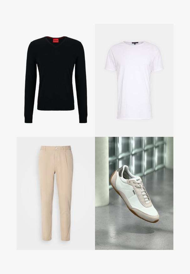 HUGO SAN VREDO - Pullover - black; T-shirt en coton blanc avec un col rond, des manches courtes et une coupe droite. Présente une texture simple et lisse, sans motifs supplémentaires.; Pantalon beige à coupe slim, fabriqué en tissu tissé. Équipé d'une fermeture à un bouton, d'un devant plissé et de jambes droites.; Baskets BOSS blanches et beiges avec semelle marron flottant au-dessus d’un sol en béton poli devant un mur en blocs de verre.