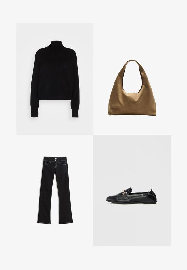 Sort rullekravesweater med lange ærmer, cropped design, strikket tekstur og tætsiddende manchetter. Enkel, ensfarvet uden mønstre.; Sorte denimjeans med høj talje, dobbelte sølvknapper, lommer foran og bagpå samt hvid kontrastsyning.; Sorte læder loafers med en rund tå, der har en lille metallisk detalje på fronten og en samlet detalje på ryggen for fleksibilitet.; Brun stof skuldertaske med en bred, rundet krop og et stort udsnit håndtag. Blød tekstur, minimalistisk design og ingen synlig hardware.