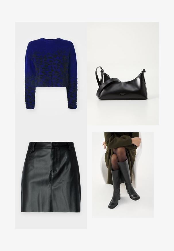 Blå cropped sweater med sort leopardprint design, strikket tekstur, rund halsudskæring og lange ærmer. Blødt, fuzzy stof.; Sort læder mini nederdel med en glat tekstur, talje med knaplukning og forlommer med stikninger.; Knæhøje sorte læder støvler med firkantet tå og blokhæl, vist med en model siddende i en olivengrøn frakke. Glat tekstur, minimal detaljer.; Sort læderhåndtaske med en glat tekstur. Har en justerbar stropp og et enkelt, minimalistisk design med lynlås.