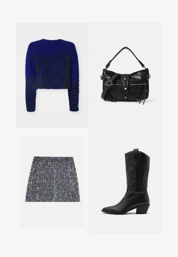 Blauwe cropped trui met zwart luipaardprint ontwerp, gebreide textuur, ronde halslijn en lange mouwen. Zacht, harig materiaal.; Zilveren pailletten mini rok met een textuurpatroon en een rechte snit. De stof lijkt glanzend en reflecterend.; Zwarte leren cowboylaars met een spitse neus, gegraveerde draaiende patronen en een halfhoge hak. Voorzien van een trekhaak voor gemakkelijk aan- en uittrekken.; Even&Odd by Zalando H24462 - Handtas - black