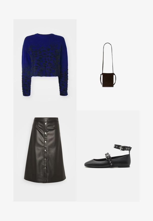 Blå cropped sweater med sort leopardprint design, strikket tekstur, rund halsudskæring og lange ærmer. Blødt, fuzzy stof.; Sort A-linje nederdel lavet af kunstlæder, med frontknaplukning med sølvfarvede knapper og struktureret talje.; Steve Madden MACBETH - Ballerinasko m/ rem - black; Brun ruskinds crossbody-taske med flad, rektangulær form, enkelt justerbart rem og minimalistisk design. Glat tekstur, intet synligt beslag.
