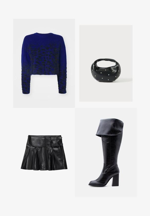 Pull cropped bleu avec un motif léopard noir, texture tricotée, col rond et manches longues. Tissu doux et duveteux.; Jupe en cuir noir avec des plis, taille large et deux accents à boucle sur le côté. Texture lisse avec une finition brillante.; Botte haute en cuir noir avec talon, bord plié et bout arrondi, debout sur un fond blanc.; Sac à main en cuir noir de forme arrondie, décoré de clous argentés et équipé d'une poignée courte. Texture lisse et fermeture éclair.