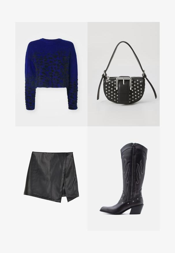 Blauwe cropped trui met zwart luipaardprint ontwerp, gebreide textuur, ronde halslijn en lange mouwen. Zacht, harig materiaal.; Even&Odd Minirok - black; Zwarte leren cowboylaarzen met een puntige neus, zichtbare stiksels, zilveren studaccenten en een ritssluiting aan de binnenkant.; Zwarte leren handtas met een gebogen vorm, versierd met zilveren studs en een opvallende zilveren gesp aan de voorkant. Inclusief een verstelbare schouderriem.