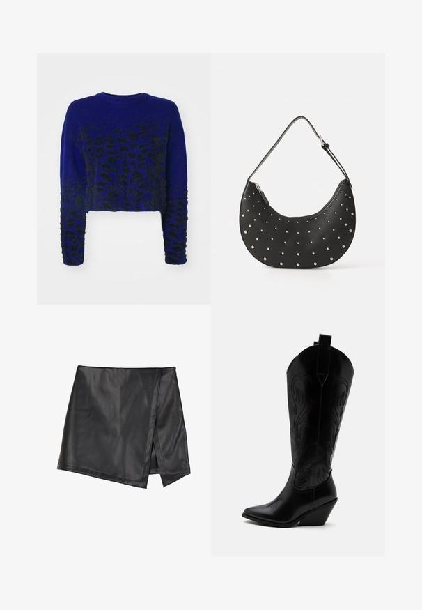 Pull cropped bleu avec un motif léopard noir, texture tricotée, col rond et manches longues. Tissu doux et duveteux.; Even&Odd by Zalando Minijupe - black; Botte de cowboy en cuir noir avec bout pointu, talon bloc incliné, couture décorative et languettes en haut sur fond blanc.; Sac à main en cuir noir avec une forme arrondie, orné de clous en argent, doté d'une fermeture éclair et d'une seule sangle ajustable.
