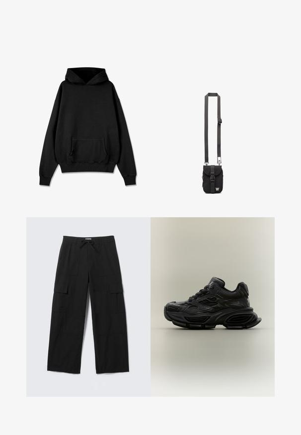 Pegador LOGO OVERSIZED HOODIE - Huppari - vintage black black; Mustat leveälahkeiset cargo-housut, joissa on etutaskut, reiden läppätaskut, vyölenkit ja nyörivyötärö, aseteltuna tasaisesti valkoista taustaa vasten.; Mustat paksupohjaiset tennarit, joissa teksturoitu design, paksu pohja ja nauhallinen kiinnitys, esitelty yksinkertaista neutraalia taustaa vasten.; Mustalla kankaisella olkalaukulla, jossa on säädettävä hihna, etutasku ja vetoketjullinen osio. Varustettu brändätyillä tarvikkeilla ja kompaktilla suorakulmaisella muotoilulla.