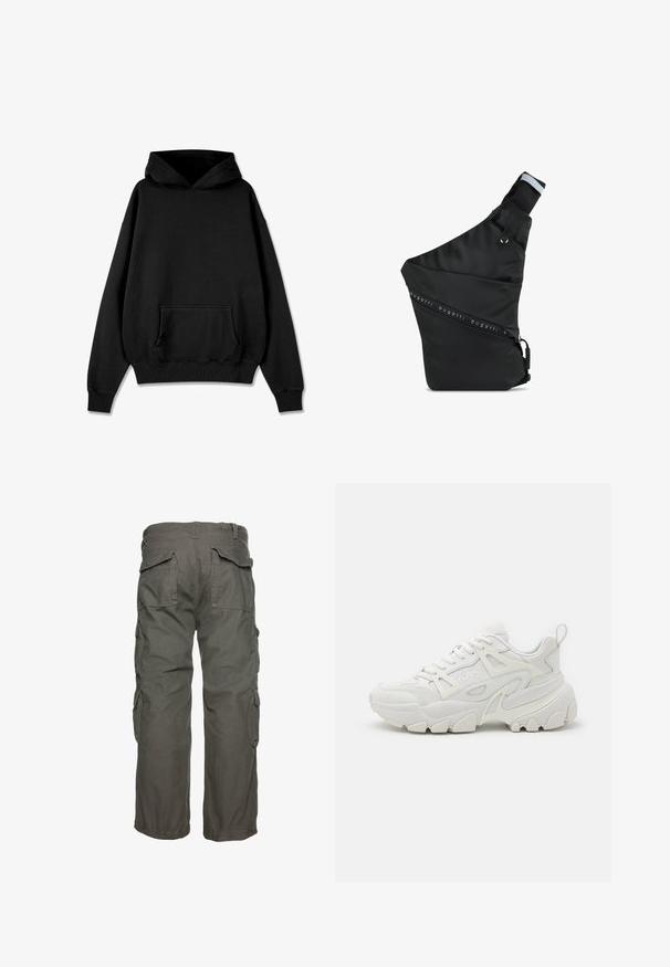Pegador LOGO OVERSIZED HOODIE - Huppari - vintage black black; Vihreät cargo-housut, joissa on useita sivutaskuja, rento leikkaus ja säädettävät hihnat varman istuvuuden takaamiseksi. Kestävä puuvillakangas.; Valkoiset urheilusneakerit, joissa on teksturoitu pinta, verkko-osat, näyttävä kumipohja ja koristeelliset leikaukset sivuilla.; bugatti BLANC DELIGHT - Olkalaukku - schwarz